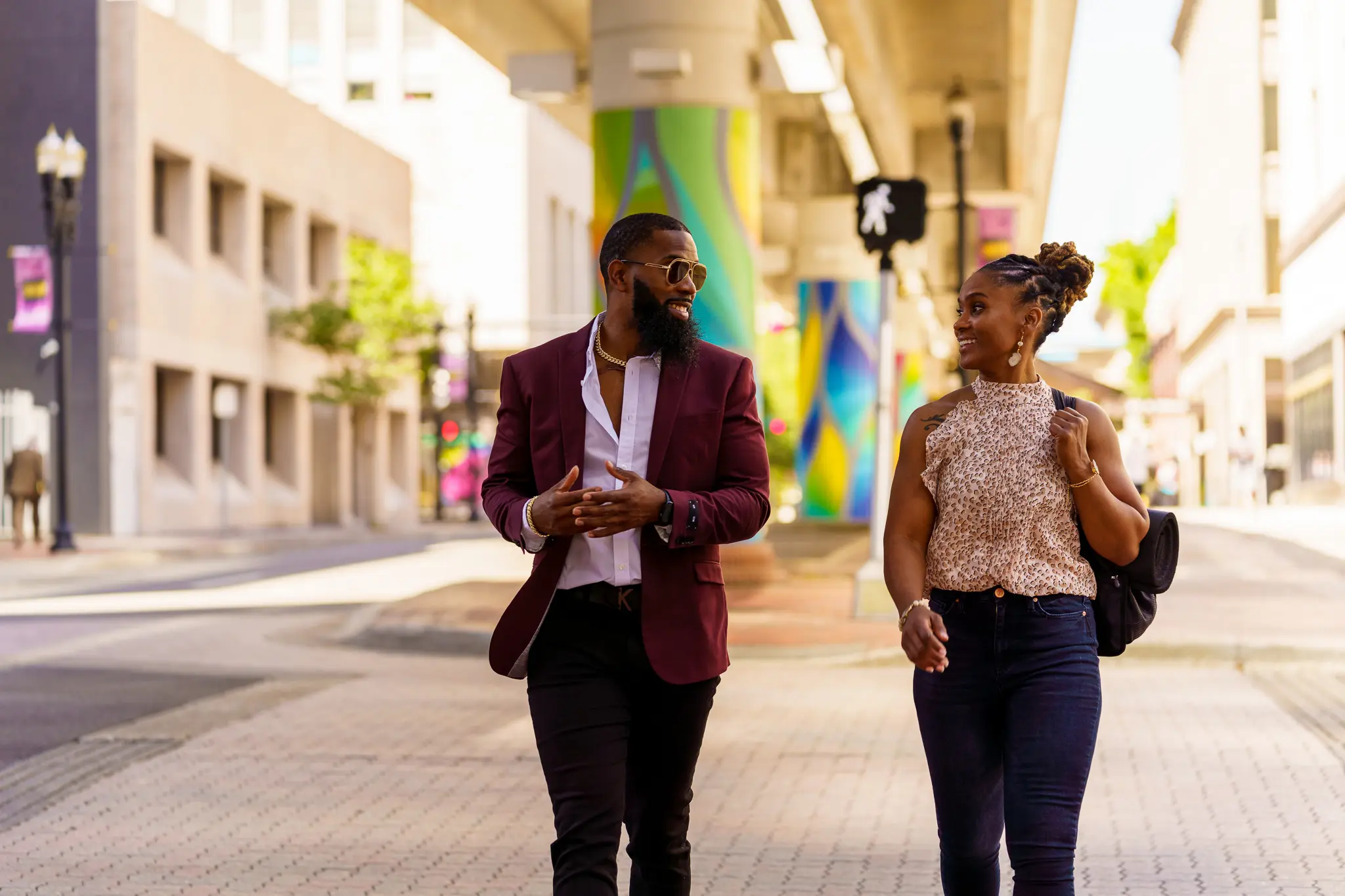 Two young professionals walk to work in Downtown Jacksonville